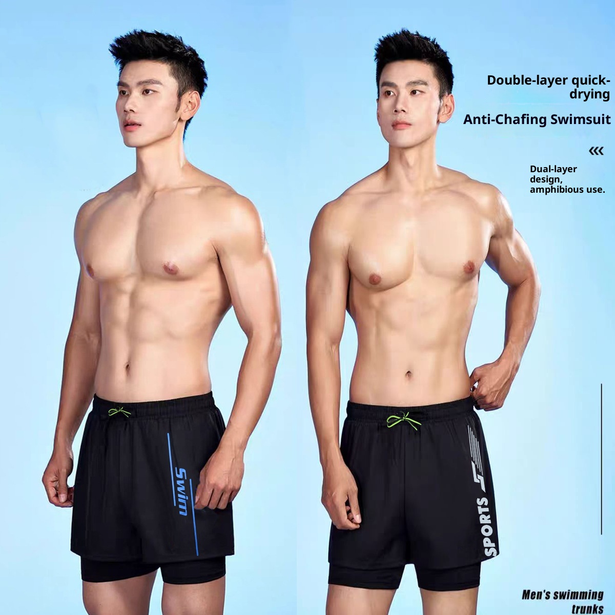 001 Men's Double Laye Swim Tunks Plus Size Quick Dy Swimsuit Anti Embaassment New Pofessional Beach Adult Swimming_voghion.com