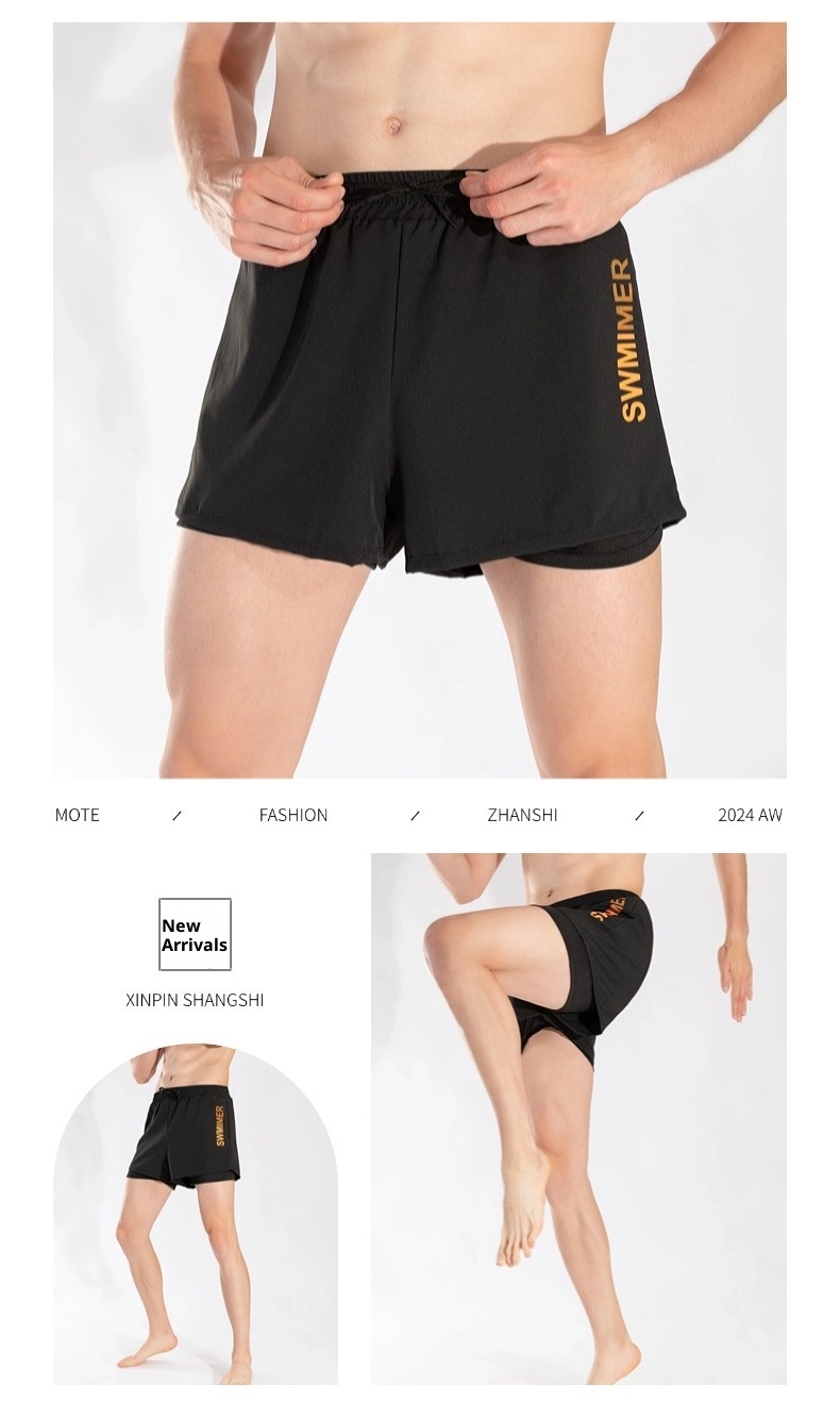 001 Summer New Men's Swim Trunks Anti-Embarrassment Double Layer Quick-Dry Boxer Adult Three-Quarter Swimming Running Hot_voghion.com