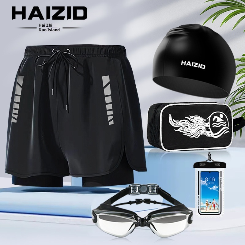 001 Adult Trunks Double Layer Loose Anti-Embarrassment Quick-Dry Swimming Suit Men's Boxer Large Size Swimsuit Hot Spring_voghion.com