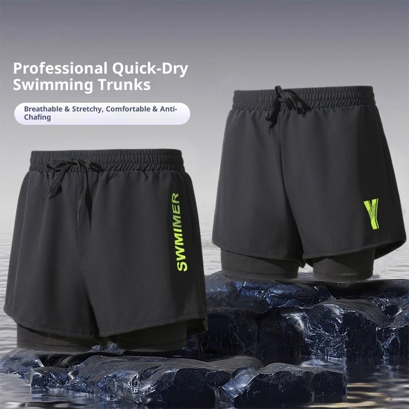 001 Summer New Men's Swim Trunks Anti-Embarrassment Double Layer Quick-Dry Boxer Adult Three-Quarter Swimming Running Hot_voghion.com