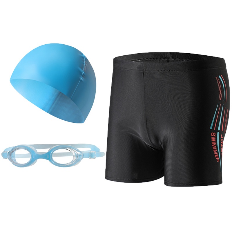 001 Trunks Cap Goggles Three-Piece Set Hot Spring Anti-Embarrassment Beach Shorts Men's Swimming Gear Wholesale Quick-Dry_voghion.com