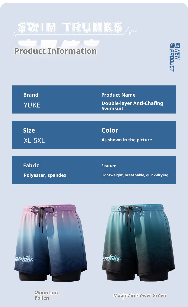 001 Men's Swimming Trunks Adult Five-Point Double-Layer Anti-Embarrassment Professional Training Quick-Dry Plus Size Beach_voghion.com