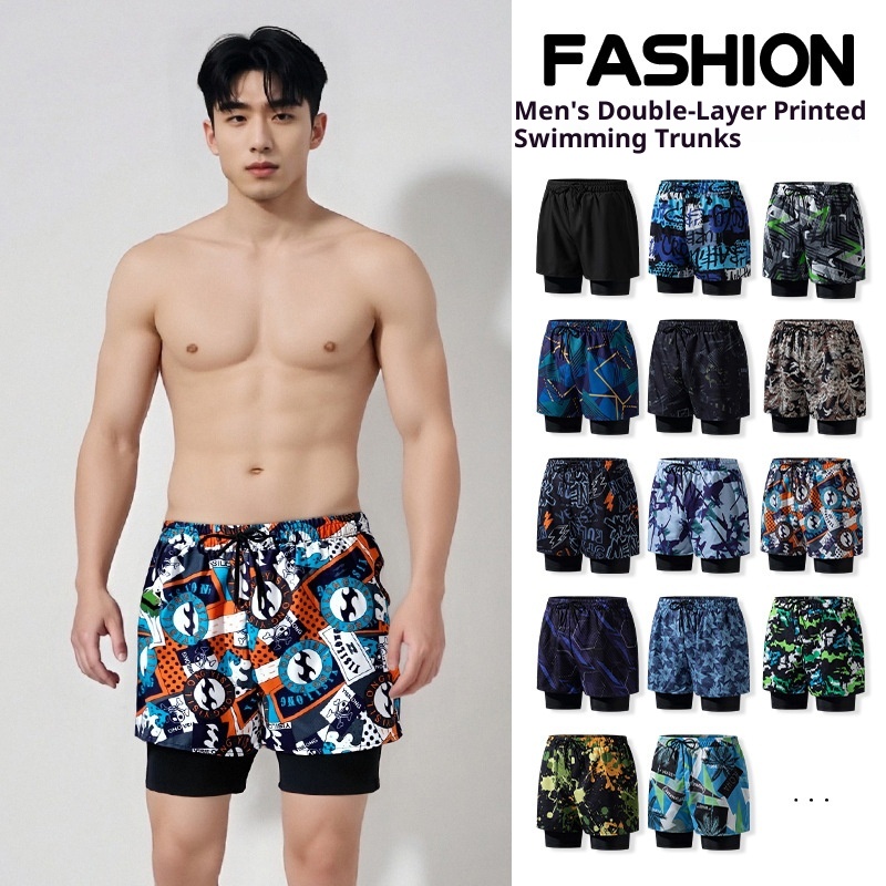 001 Men's Swimming Trunks Adult New Double Layer Anti-Embarrassment Professional Boxer Quick-Dry Fashion Loose High Elastic_voghion.com