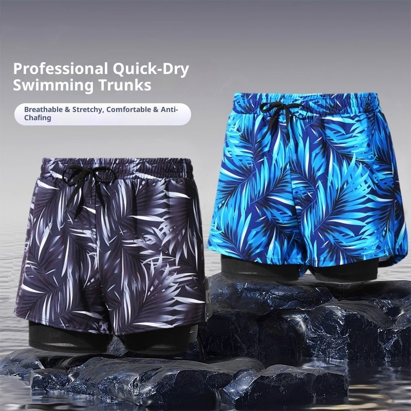 001 Summer New Men's Swim Trunks Anti-Embarrassment Double Layer Quick-Dry Boxer Adult Three-Quarter Swimming Running Hot_voghion.com