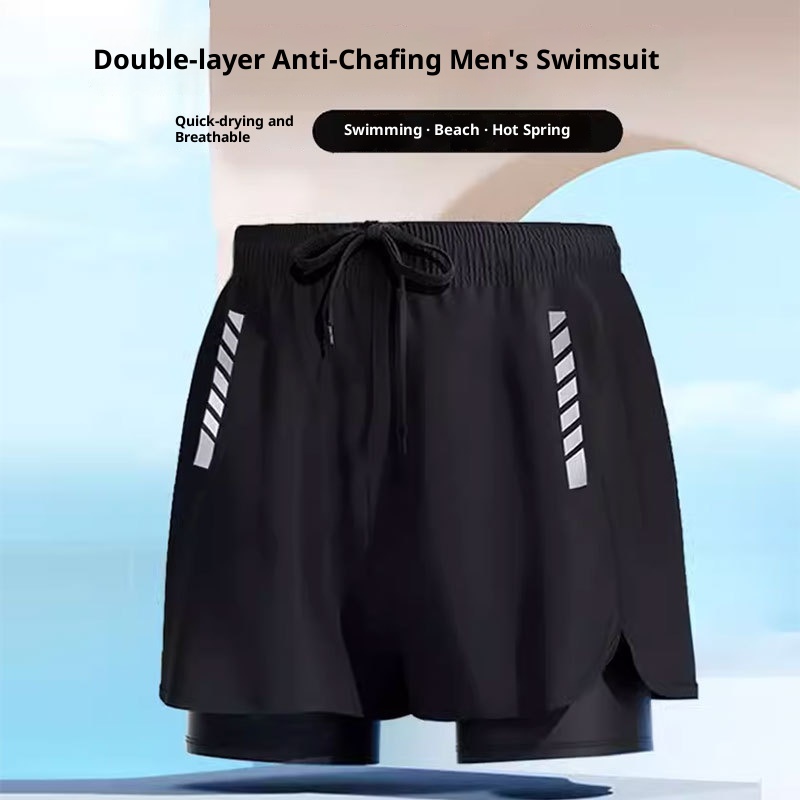 001 New Men's Trunks Double Layer Anti-Embarrassment Quick-Dry Plus Size Boxer Adult Swimwear Beach Shorts Swimming Gear_voghion.com