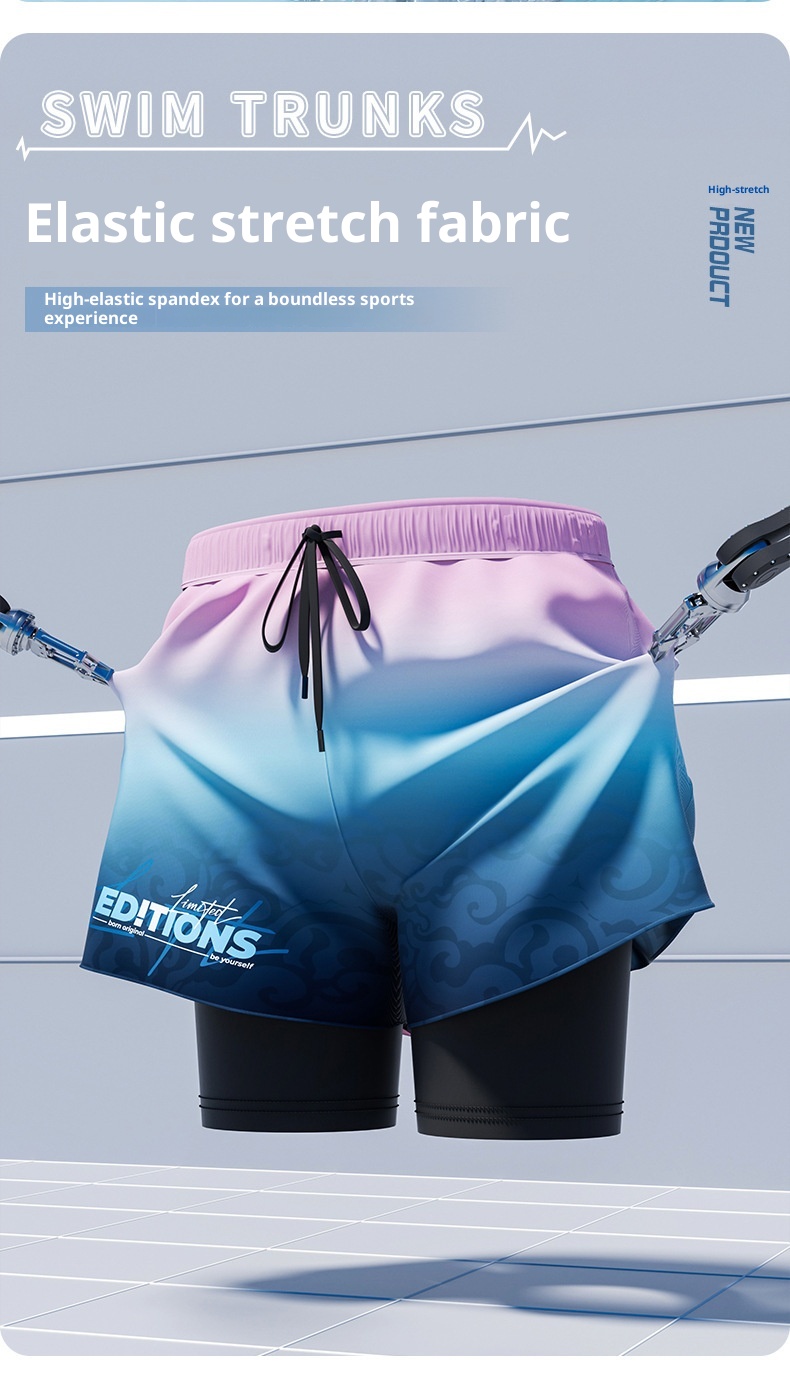 001 Men's Swimming Trunks Adult Five-Point Double-Layer Anti-Embarrassment Professional Training Quick-Dry Plus Size Beach_voghion.com