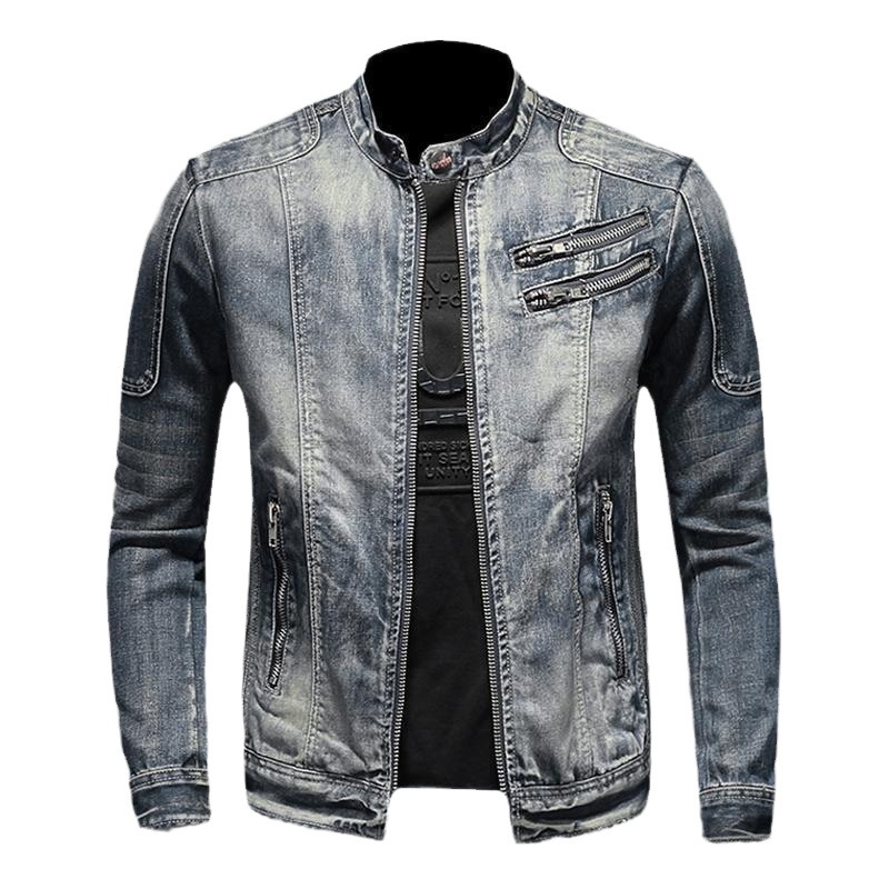 ActiveGo ActiveGo 2024 Men's Denim European And American Casual Retro Large Size Stand Collar Zipper Cycling Motorcycle Jacket Trendy_voghion.com