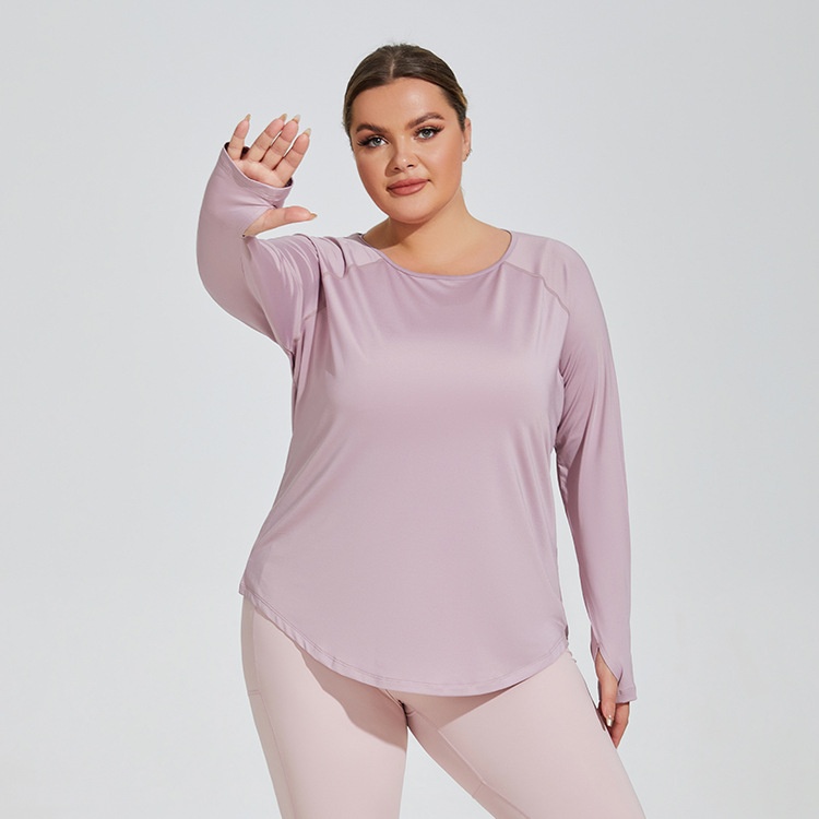 ActiveGo ActiveGo Plus Size Loose Fit Hip-Covering Yoga Shirt Slimming Mesh Back Traspirante Manica Lunga Running Fitness Top Abbigliamento Sportivo Per_voghion.com