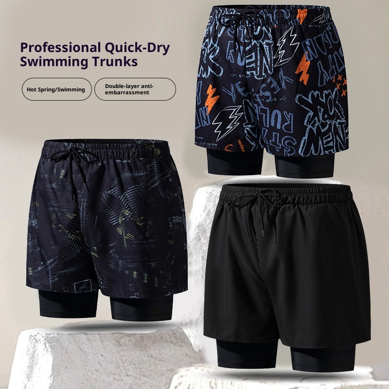 001 Men's Swim Trunks Adult New Double Layer Anti-Embarrassment Professional Quick-Dry Fashion Loose Boxer High Elastic_voghion.com