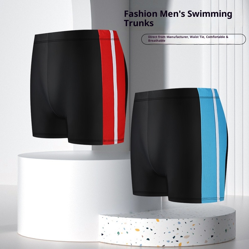001 Men's Swim Trunks Anti-Embarrassment Adult Sports Plus Size Fashion Color Block Quick-Dry Beach Boxer Shorts_voghion.com