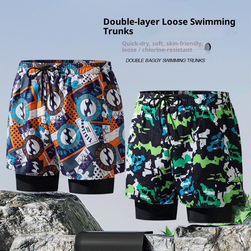 001 Men's Swimming Trunks Adult New Double Layer Anti-Embarrassment Professional Boxer Quick-Dry Fashion Loose High Elastic_voghion.com