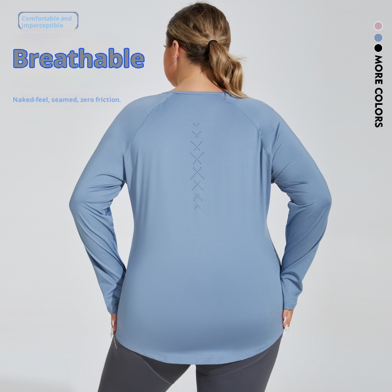 ActiveGo ActiveGo Plus Size Loose Fit Hip-Covering Yoga Shirt Slimming Mesh Back Traspirante Manica Lunga Running Fitness Top Abbigliamento Sportivo Per_voghion.com