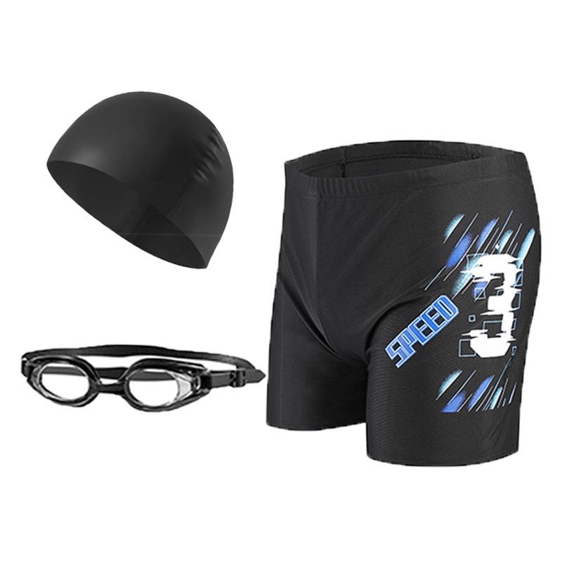 001 Trunks Cap Goggles Three-Piece Set Hot Spring Anti-Embarrassment Beach Shorts Men's Swimming Gear Wholesale Quick-Dry_voghion.com