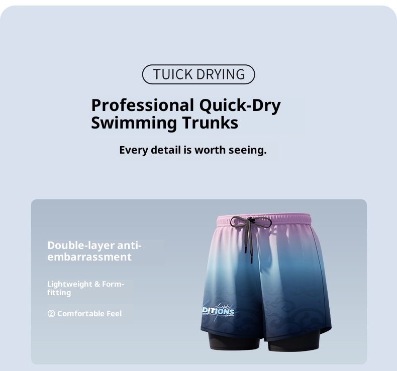 001 Men's Swimming Trunks Adult Five-Point Double-Layer Anti-Embarrassment Professional Training Quick-Dry Plus Size Beach_voghion.com