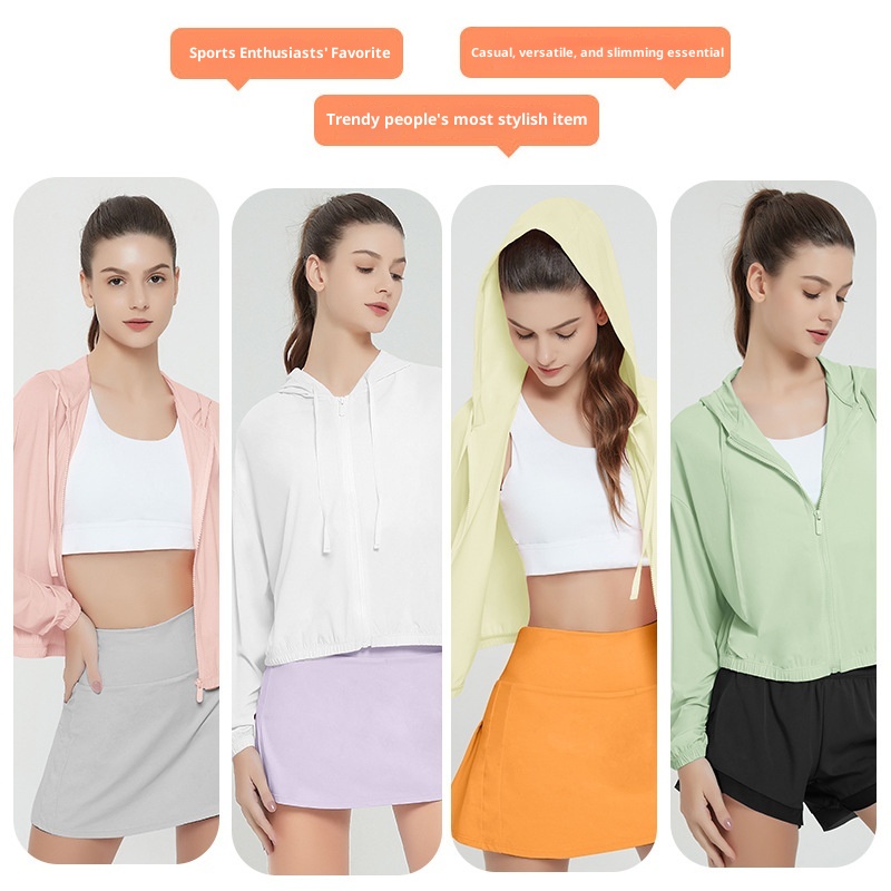 ActiveGo ActiveGo Abbigliamento estivo da donna, pantaloncini sportivi da yoga con cappuccio, giacca in pelle con protezione solare UV UPF50+ per esterni_voghion.com