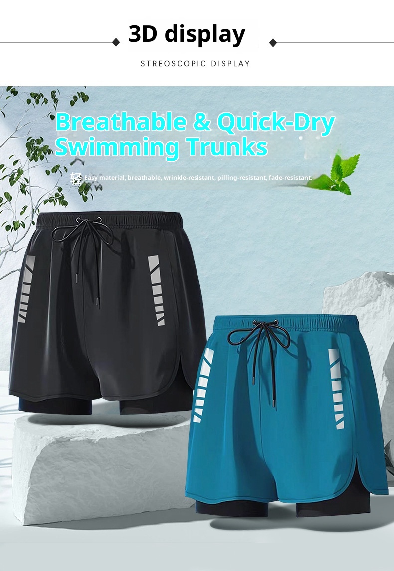 001 Adult Trunks Double Layer Loose Anti-Embarrassment Quick-Dry Swimming Suit Men's Boxer Large Size Swimsuit Hot Spring_voghion.com