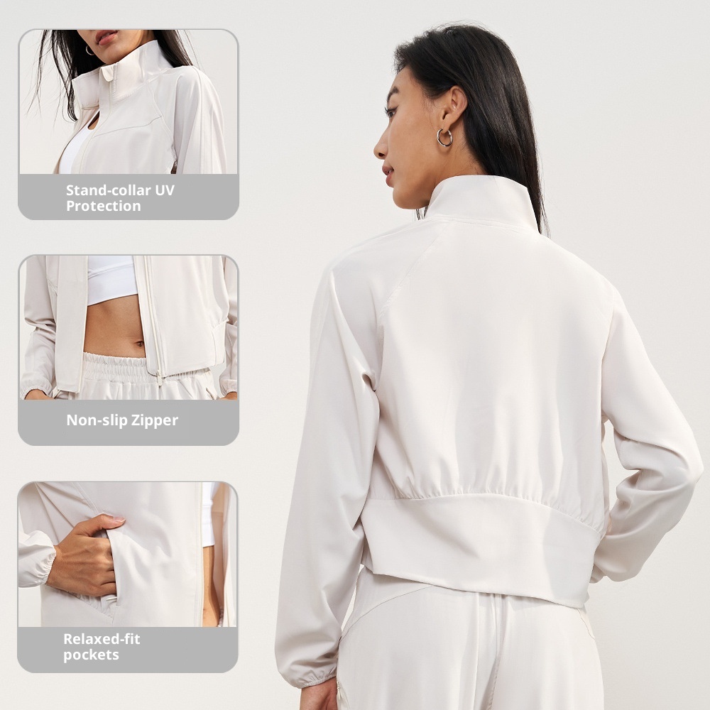 Chemise d'été ActiveGo UPF50+ à col montant tissée pour femme, veste courte amincissante de protection solaire pour l'extérieur, vêtements de sport amples pour le yoga_voghion.com