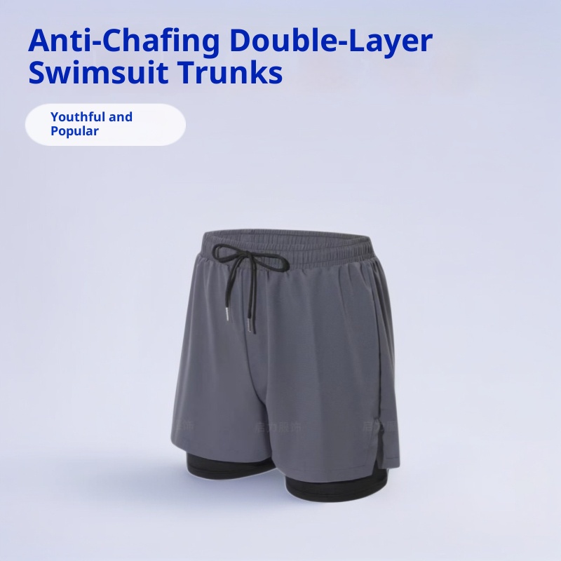 001 Men's Adult Boxer Double Layer Five Points Quick Dry Casual Anti Embarrassment New Professional Beach Swimming Trunks_voghion.com