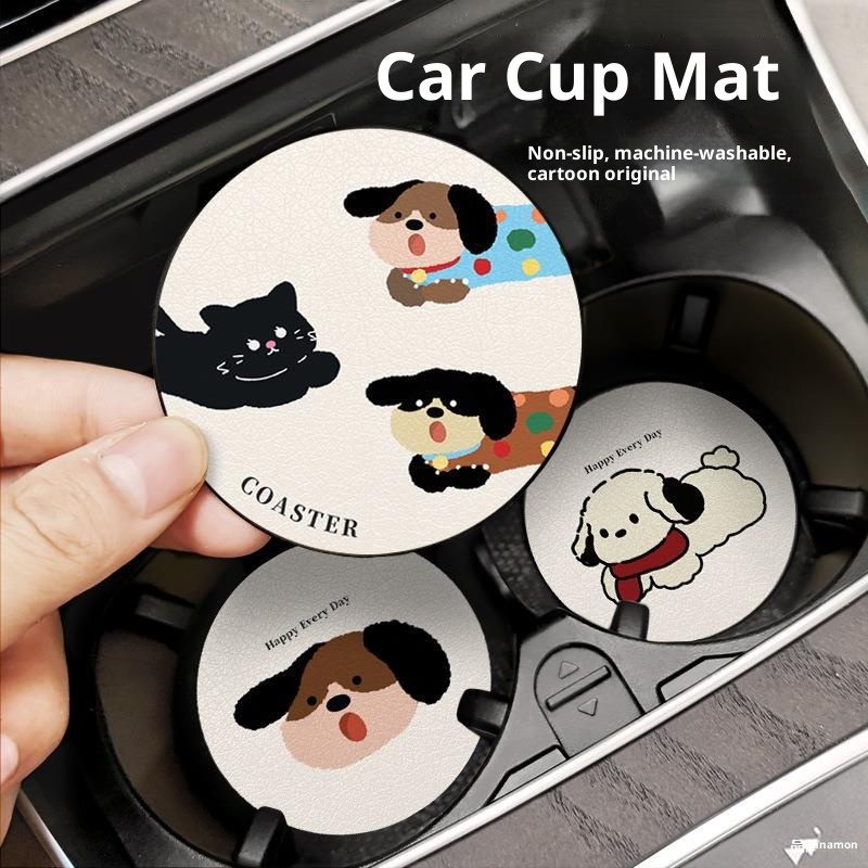 Petit porte-gobelet universel en cuir avec fente de rangement et motif teckel Small Deng, décoration intérieure de voiture_voghion.com