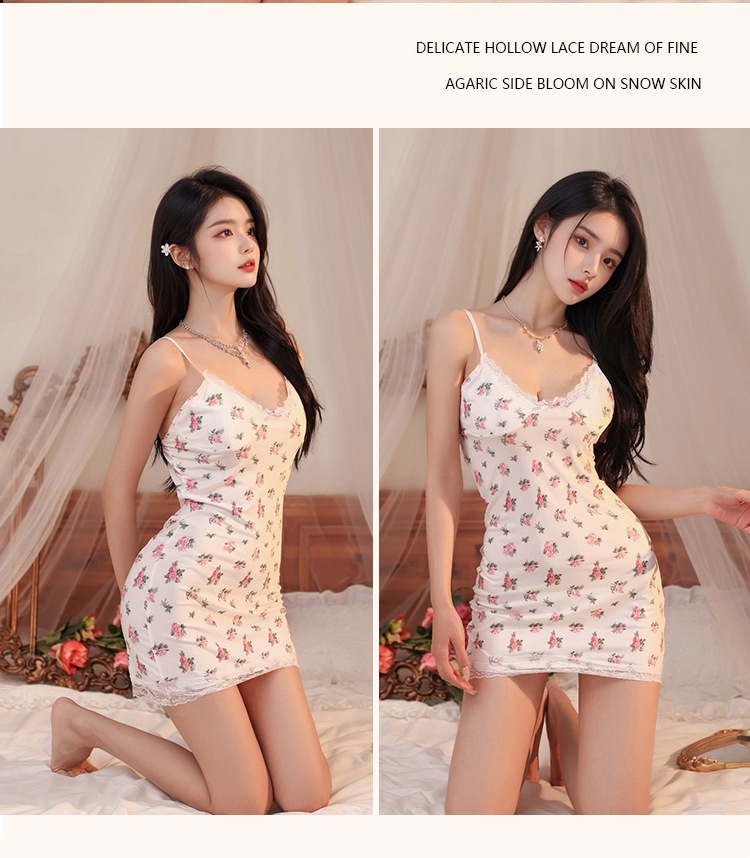 LuvBox Camicia da notte stampata, stile da notte, sexy, aderente, corta, da donna, in seta ghiacciata, con bordo in pizzo, abito floreale Pure Desire_voghion.com