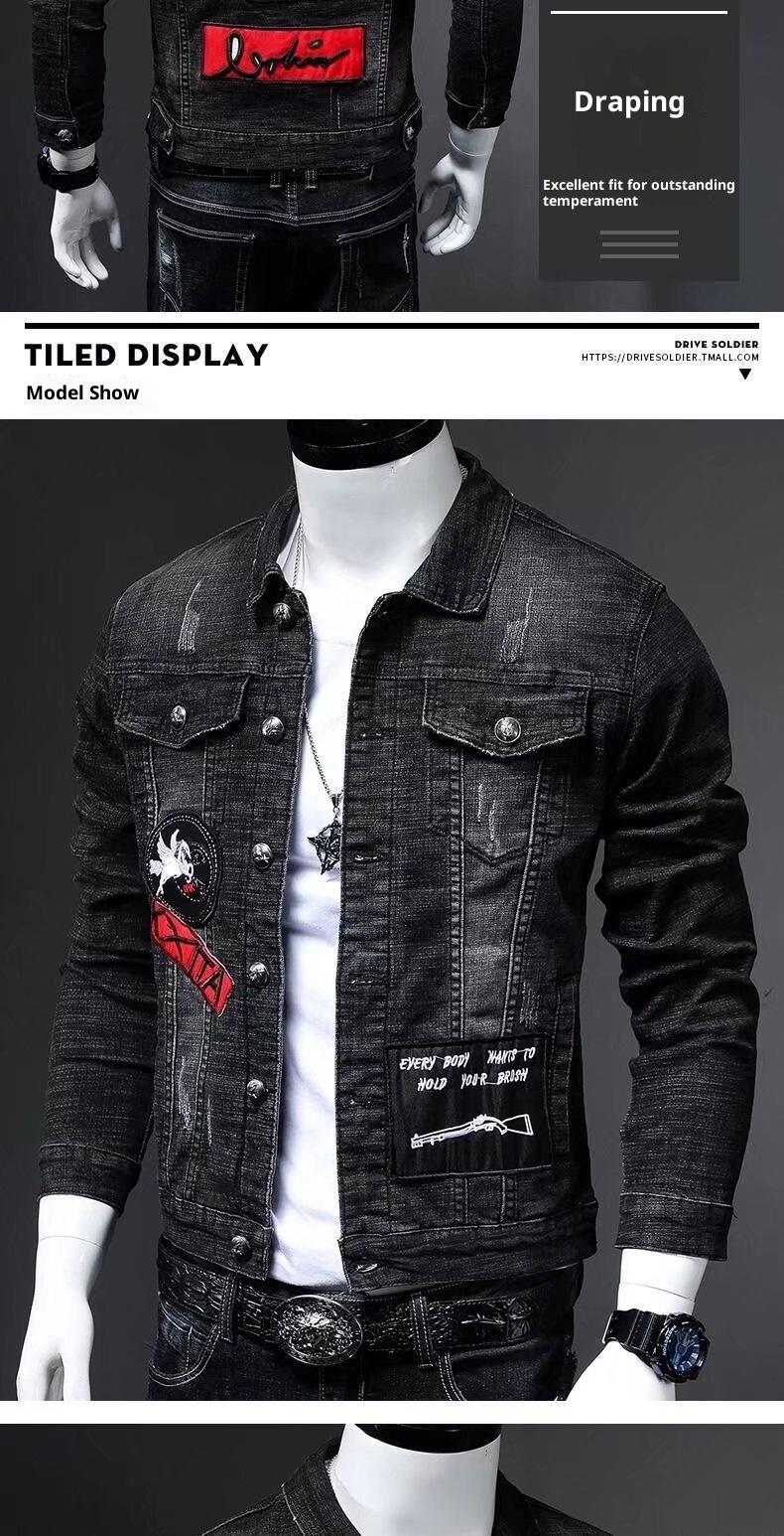 Chaqueta vaquera de estilo europeo ActiveGo para hombre, tendencia primavera otoño 2022, retro, ajustada, elástica, de marca, bordada_voghion.com