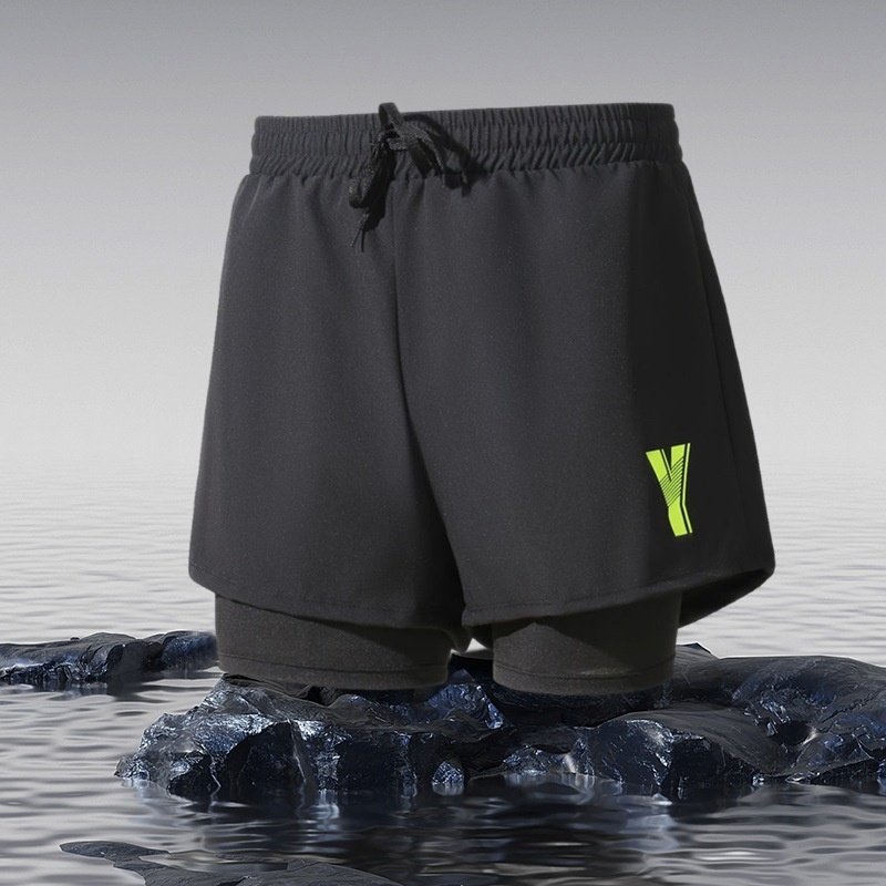 001 Summer New Men's Swim Trunks Anti-Embarrassment Double Layer Quick-Dry Boxer Adult Three-Quarter Swimming Running Hot_voghion.com