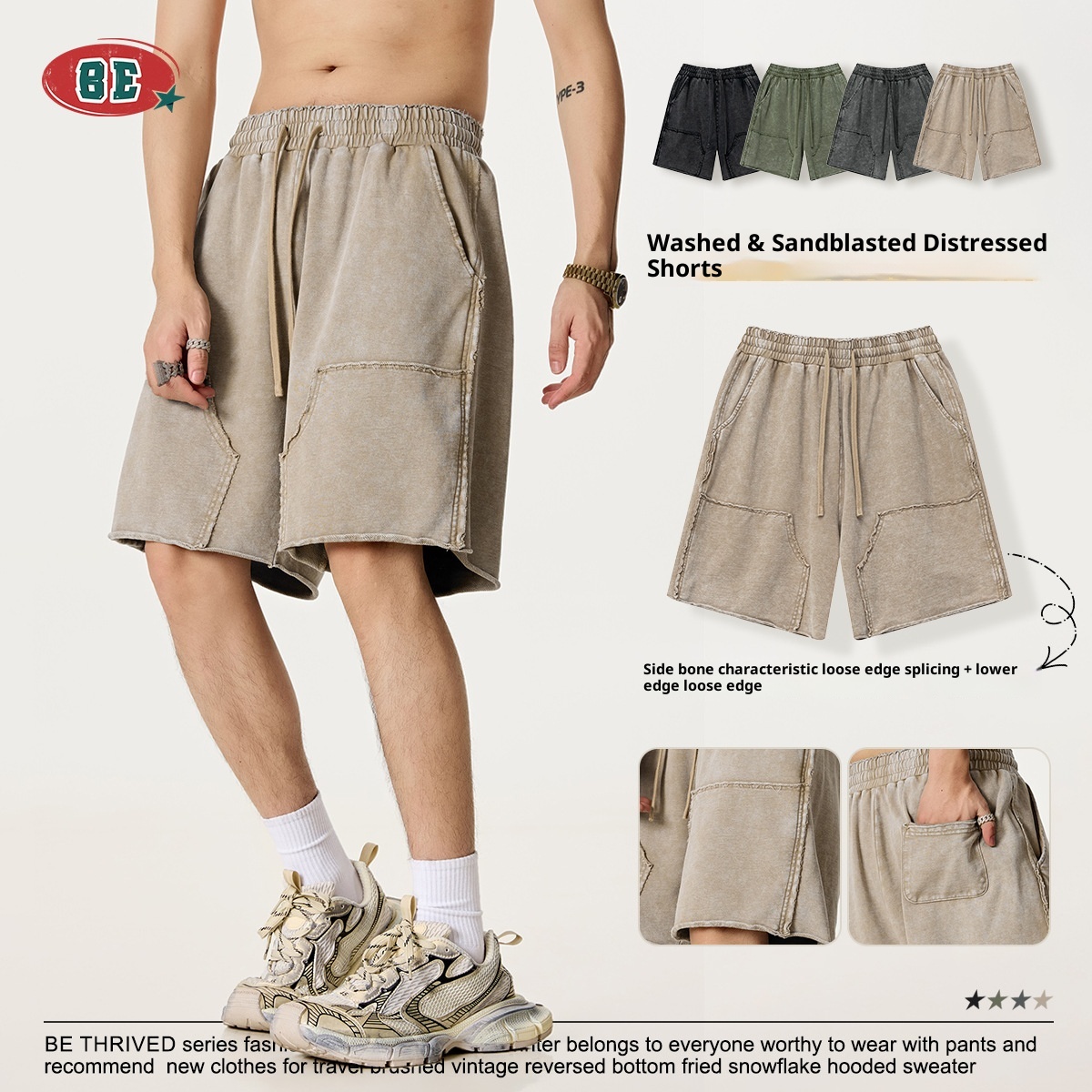 ActiveGo ActiveGo BE Me's Fashio|2025 Estate Europea Ad America High Street Tred Pantaloncini cargo casual sbiaditi e tinti a cera per_voghion.com