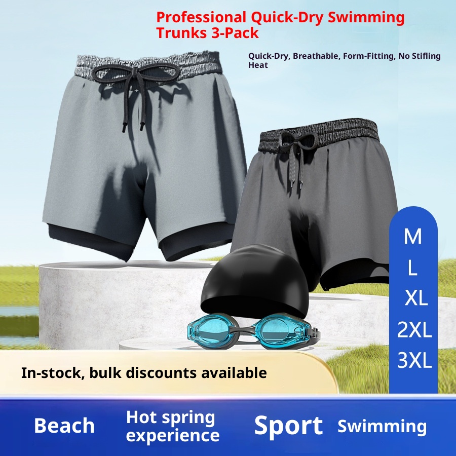 001 Men's Double Layer Swim Boxer Adult Quick-Dry Anti-Embarrassment Trunks Beach Shorts Hot Spring Swimming Gear Set_voghion.com