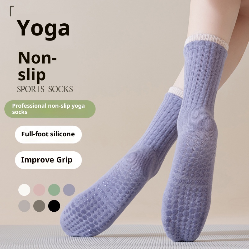001 Women's Summer Thin Full Sole Non-Slip Shock Absorption Silicone Sports Yoga Double Loop Design Seamless Mid-Calf Socks_voghion.com