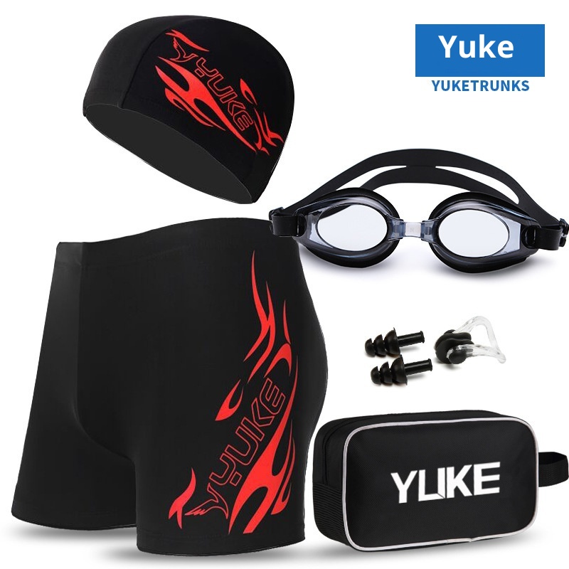 001 Yuke Men's Hot Spring Boxer Shorts Comfortable Plus Size Adult Quick-Dry Slim Fit Trunks Goggles Swimming Cap Set_voghion.com