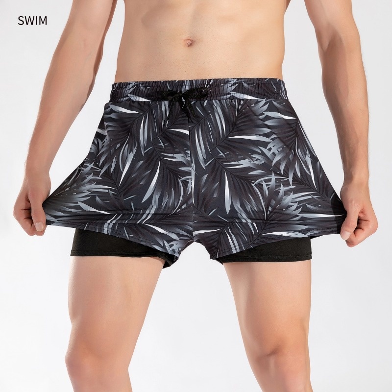 001 Summer New Men's Swim Trunks Anti-Embarrassment Double Layer Quick-Dry Boxer Adult Three-Quarter Swimming Running Hot_voghion.com