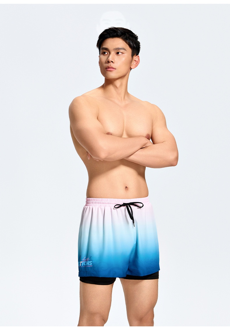 001 Men's Swimming Trunks Adult Five-Point Double-Layer Anti-Embarrassment Professional Training Quick-Dry Plus Size Beach_voghion.com