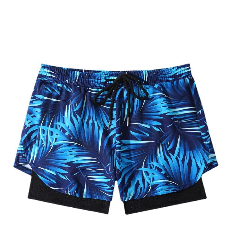 001 Summer New Men's Swim Trunks Anti-Embarrassment Double Layer Quick-Dry Boxer Adult Three-Quarter Swimming Running Hot_voghion.com
