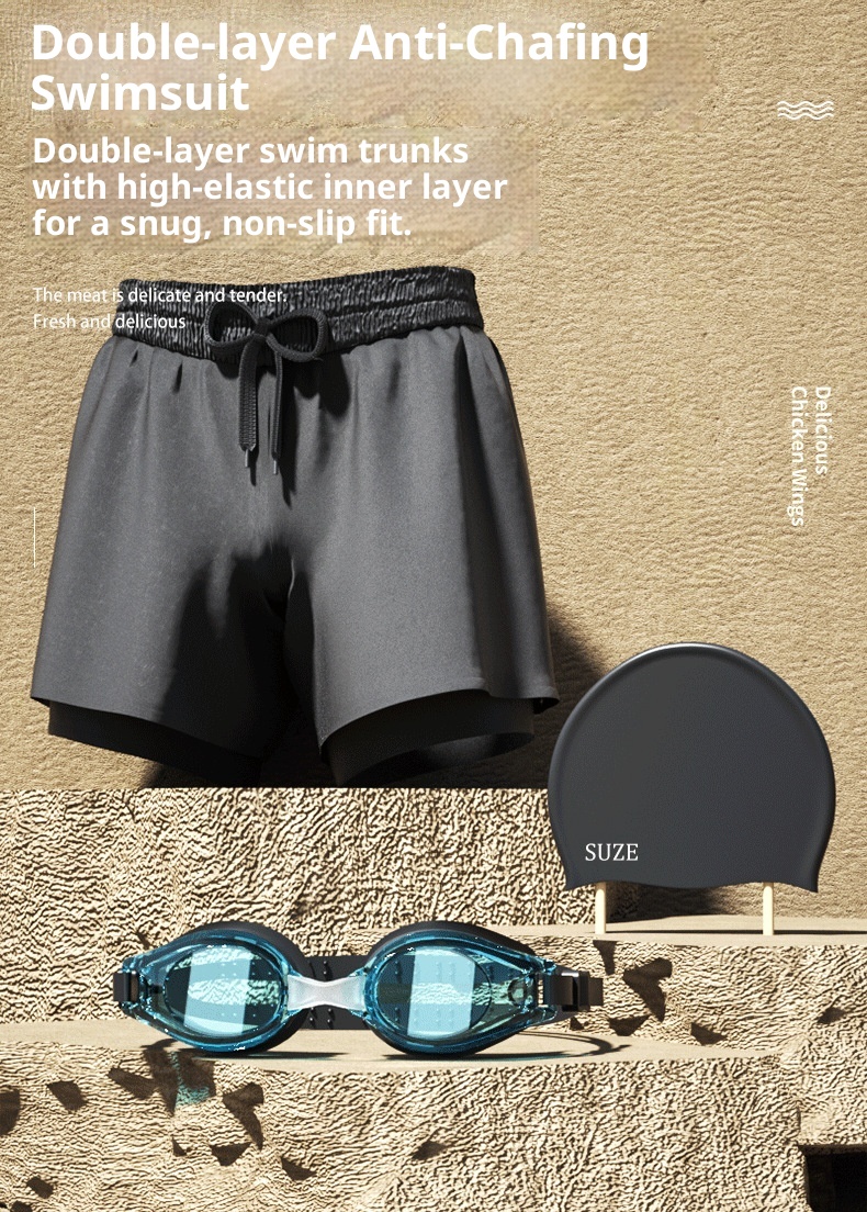 001 Men's Double Layer Swim Boxer Adult Quick-Dry Anti-Embarrassment Trunks Beach Shorts Hot Spring Swimming Gear Set_voghion.com