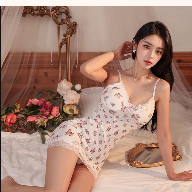 LuvBox Camicia da notte stampata, stile da notte, sexy, aderente, corta, da donna, in seta ghiacciata, con bordo in pizzo, abito floreale Pure Desire_voghion.com