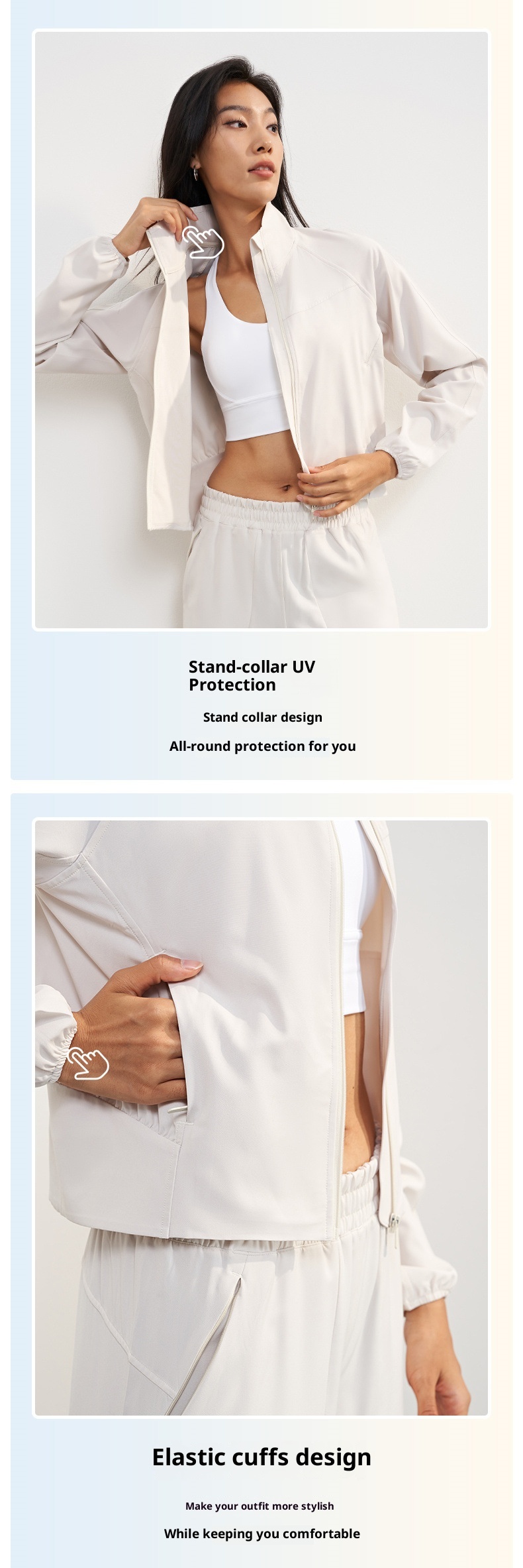 Chemise d'été ActiveGo UPF50+ à col montant tissée pour femme, veste courte amincissante de protection solaire pour l'extérieur, vêtements de sport amples pour le yoga_voghion.com