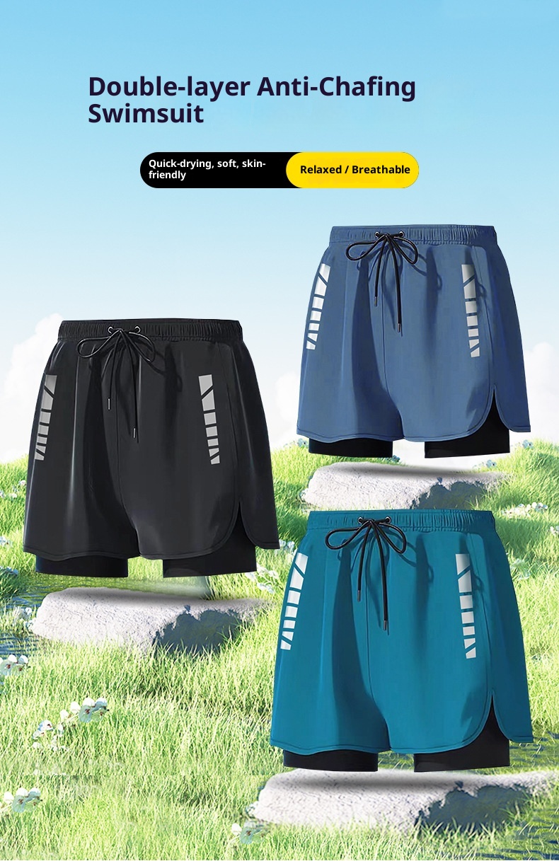 001 Adult Trunks Double Layer Loose Anti-Embarrassment Quick-Dry Swimming Suit Men's Boxer Large Size Swimsuit Hot Spring_voghion.com