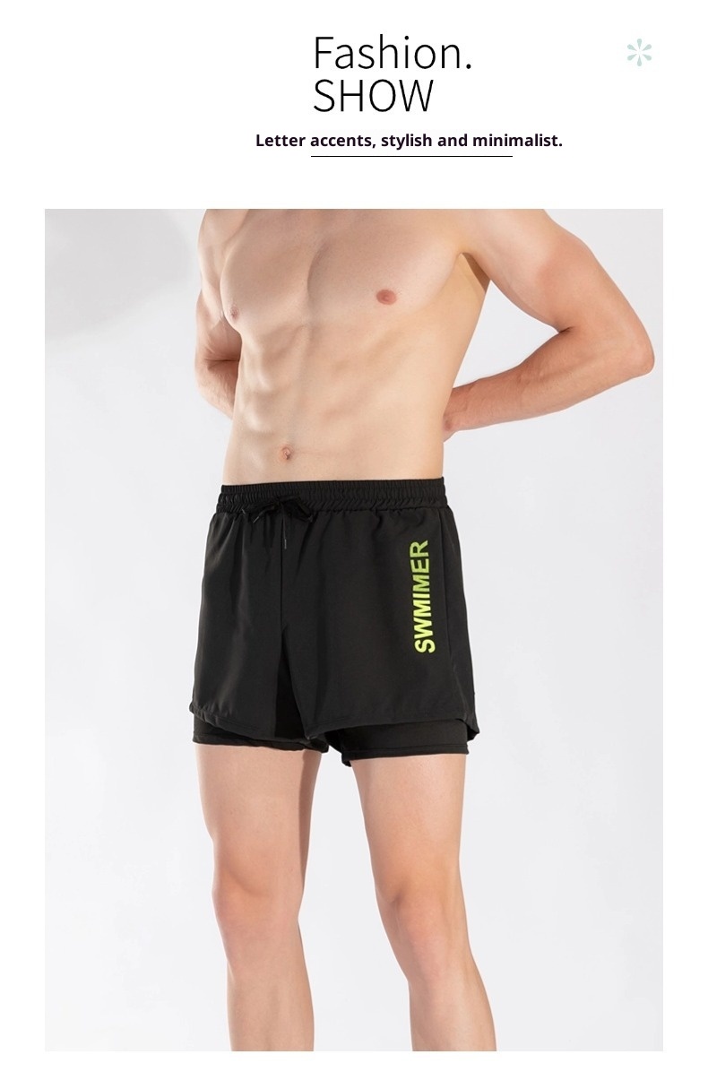 001 Summer New Men's Swim Trunks Anti-Embarrassment Double Layer Quick-Dry Boxer Adult Three-Quarter Swimming Running Hot_voghion.com