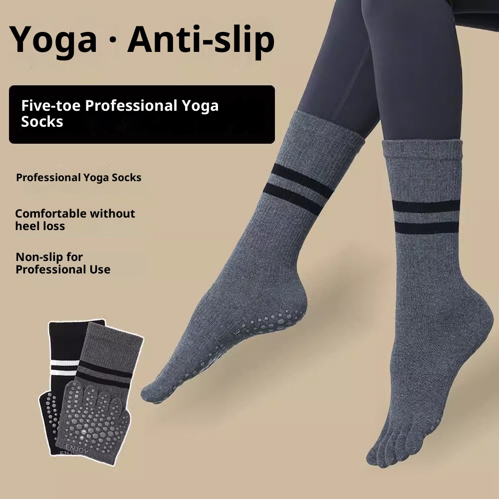 Chaussettes de yoga professionnelles Five-Finger Yoga antidérapantes mi-mollet pour le sport en salle, le Pilates, l'automne et l'hiver, chaudes et chaudes, idéales pour la danse au sol._voghion.com