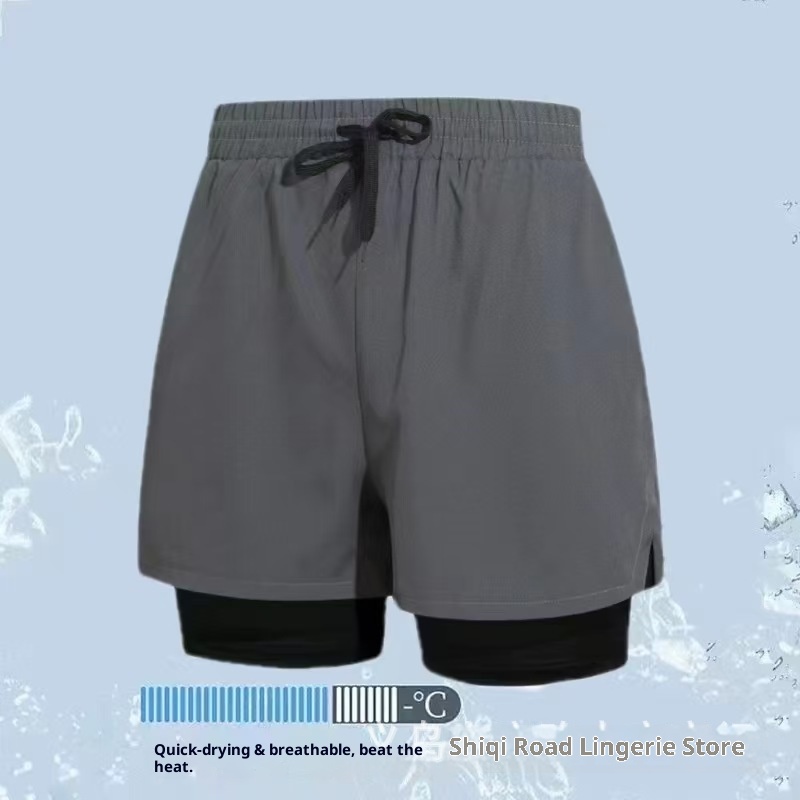 001 Men's Adult Boxer Double Layer Five Points Quick Dry Casual Anti Embarrassment New Professional Beach Swimming Trunks_voghion.com