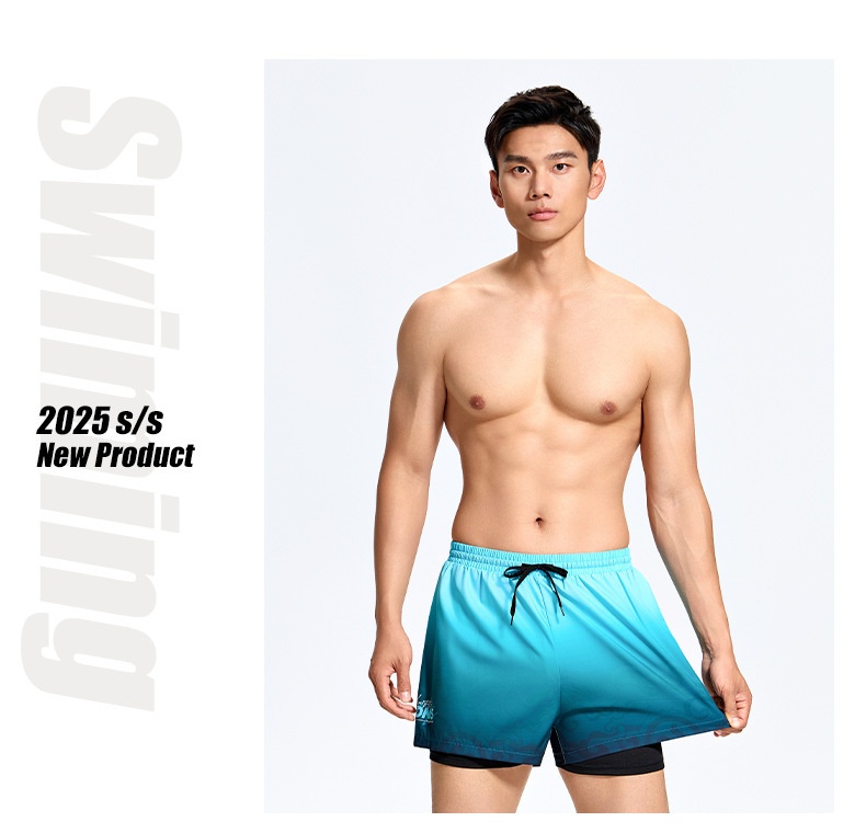 001 Men's Swimming Trunks Adult Five-Point Double-Layer Anti-Embarrassment Professional Training Quick-Dry Plus Size Beach_voghion.com