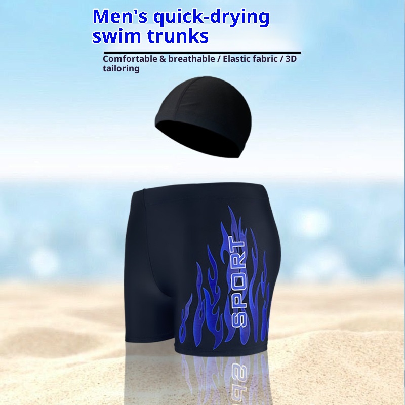 001 Men's Adult Quick-Dry Loose Swimwear Plus Size Boxer With Swim Cap Set Vacation Swimming Trunks_voghion.com