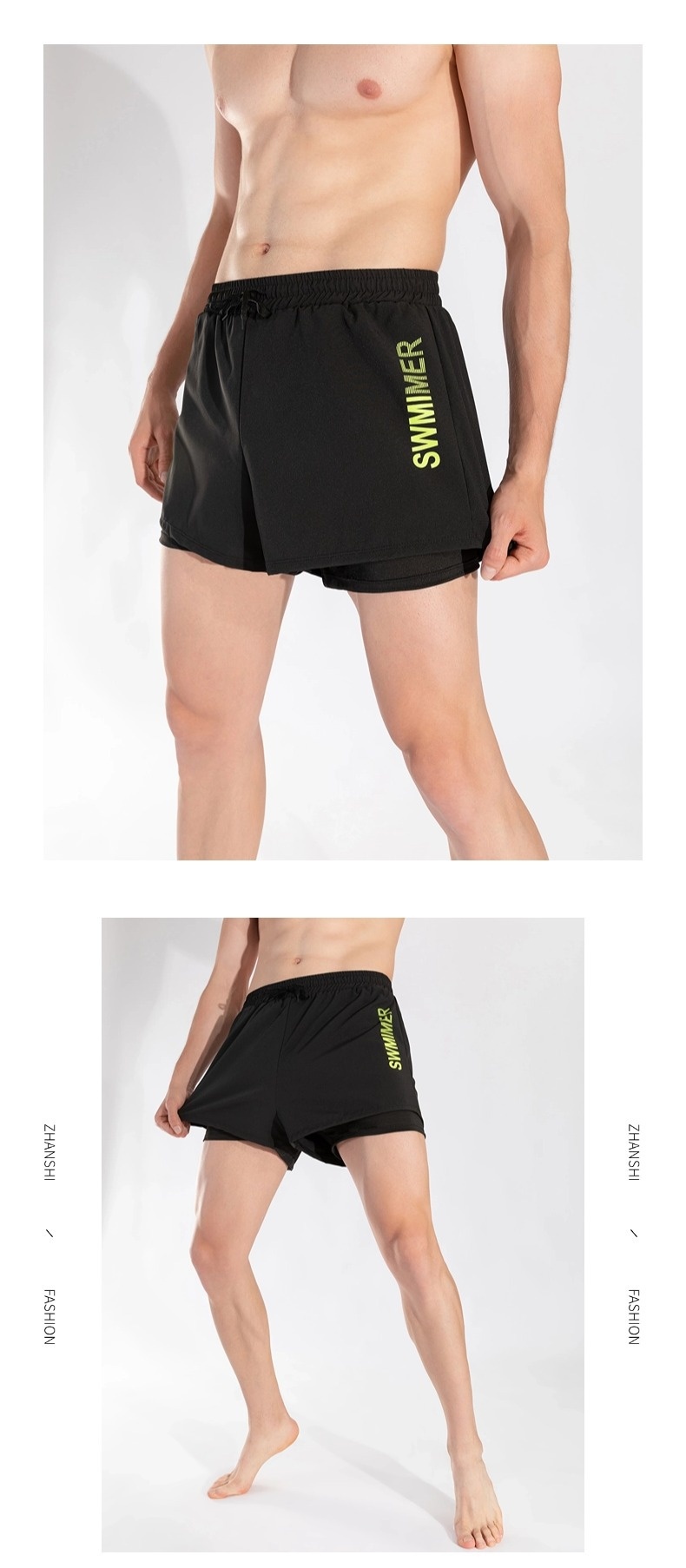 001 Summer New Men's Swim Trunks Anti-Embarrassment Double Layer Quick-Dry Boxer Adult Three-Quarter Swimming Running Hot_voghion.com