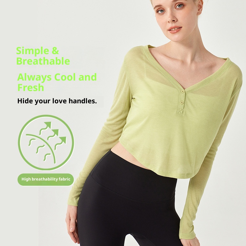 Camiseta de yoga ActiveGo con cuello en V, manga larga, corta, fina, transpirable, holgada, para fitness, de secado rápido._voghion.com