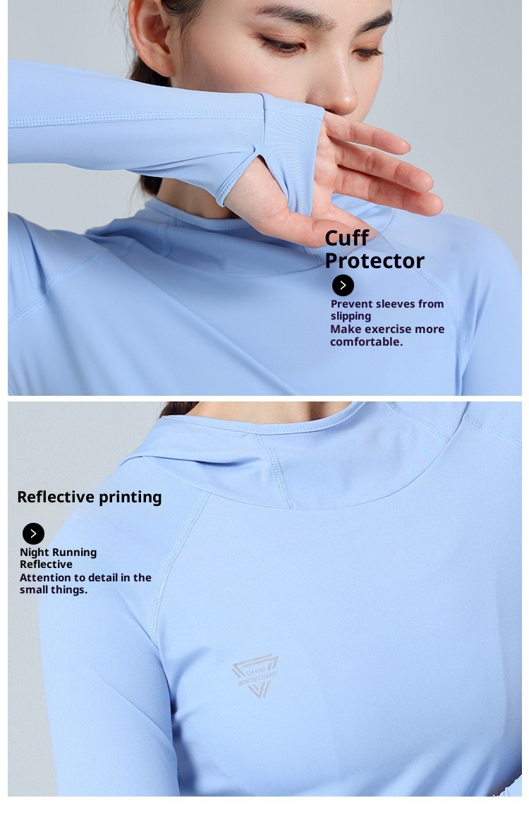 ActiveGo Yoga Fitness Abbigliamento da donna Felpa con cappuccio a maniche lunghe, ad asciugatura rapida, traspirante, sottile, protezione solare, sport all'aria aperta, elastico alto_voghion.com