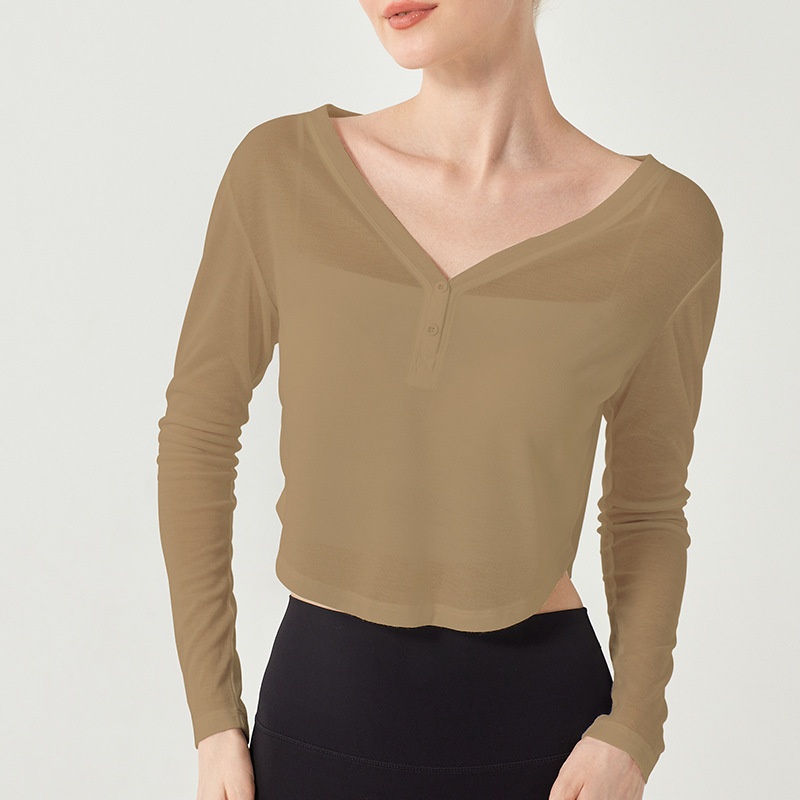 Camiseta de yoga ActiveGo con cuello en V, manga larga, corta, fina, transpirable, holgada, para fitness, de secado rápido._voghion.com