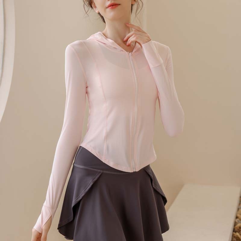 Giacca da yoga con cappuccio e protezione solare ActiveGo Slim Fit da donna, traspirante, in nylon e seta ghiacciata, con protezione UV_voghion.com