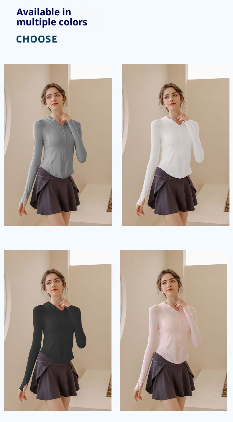 Giacca da yoga con cappuccio e protezione solare ActiveGo Slim Fit da donna, traspirante, in nylon e seta ghiacciata, con protezione UV_voghion.com