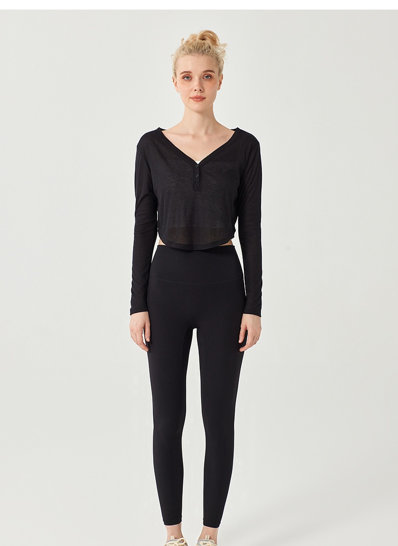 Camiseta de yoga ActiveGo con cuello en V, manga larga, corta, fina, transpirable, holgada, para fitness, de secado rápido._voghion.com