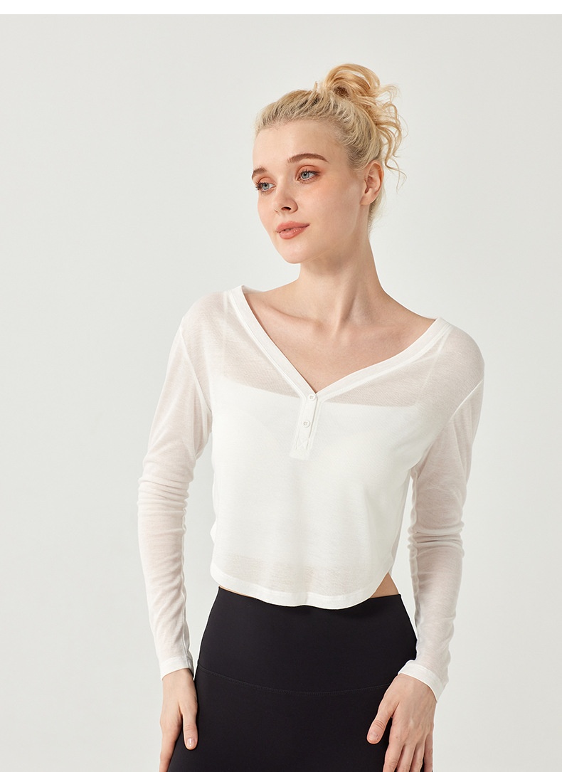 Camiseta de yoga ActiveGo con cuello en V, manga larga, corta, fina, transpirable, holgada, para fitness, de secado rápido._voghion.com